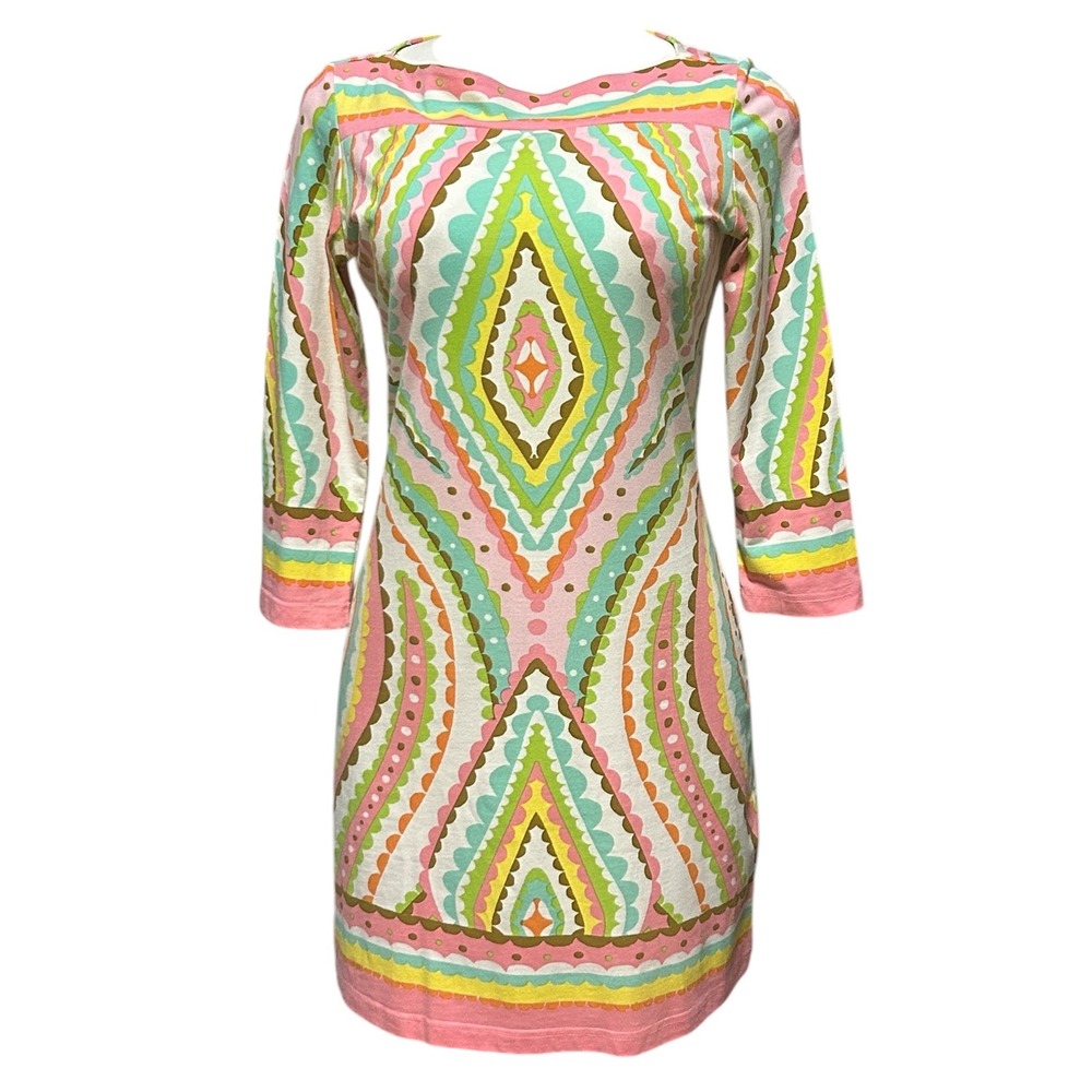 Barbara Gerwit Diamond Print Tunic Dress Colorful 3/4 Sleeve Resort Wear Size S